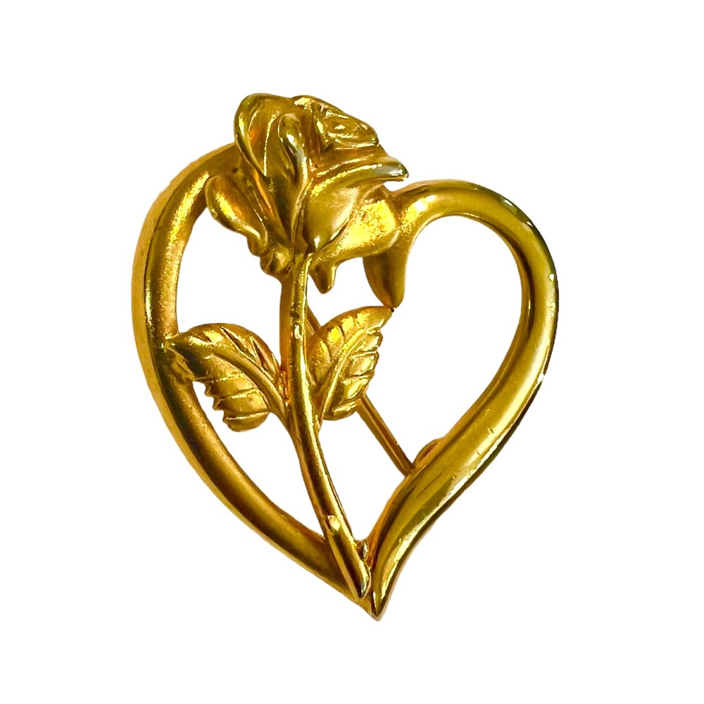 Vintage 80’s Gold‎ Heart and Rose Brooch, Signed RDC